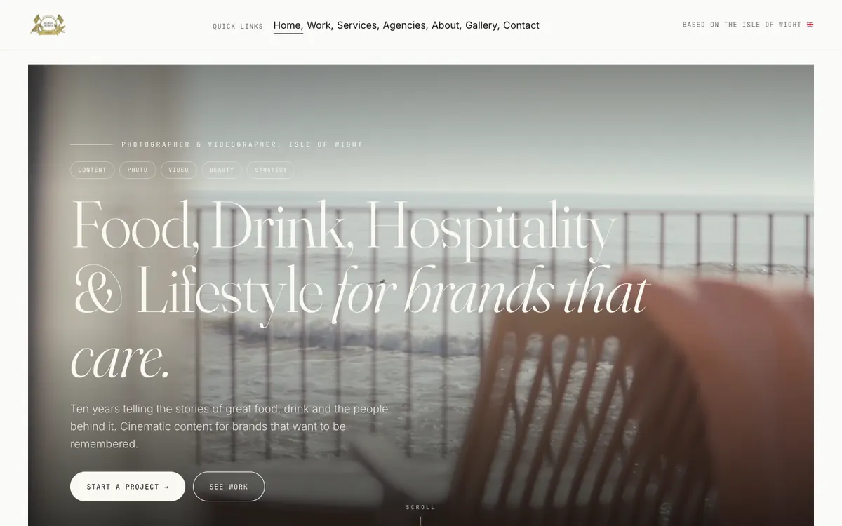 The Reuben Mowle homepage: food and drink photography with a serif headline.